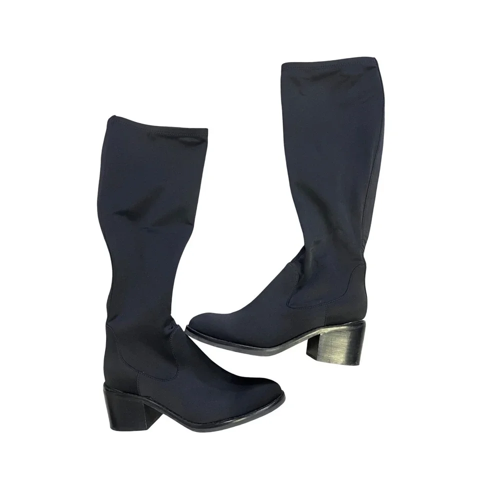Donald Pliner Dena Black Knee High Stretch Boots Block‎ Heel Side Zip Women 5.5